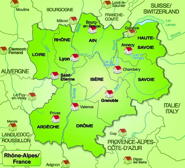 Rhone Alpes Francia Come Mappa Ambientale Con Confini Questa Scheda — Vettoriale Stock