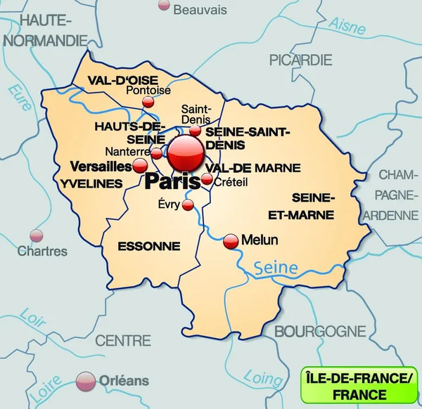 Karte Der Ile France Mit Departements Und Umgebung — Stockvektor