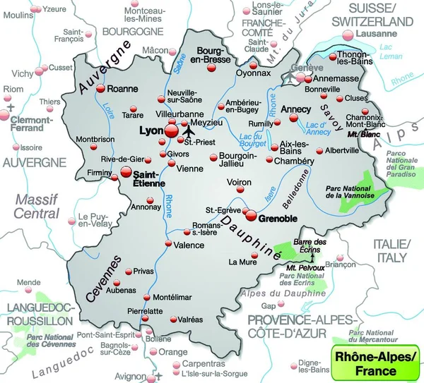 Rhone Alpes Francji Jako Mapa Środowiskowa Wszystkimi Ważnymi Informacjami Topograficznymi — Wektor stockowy
