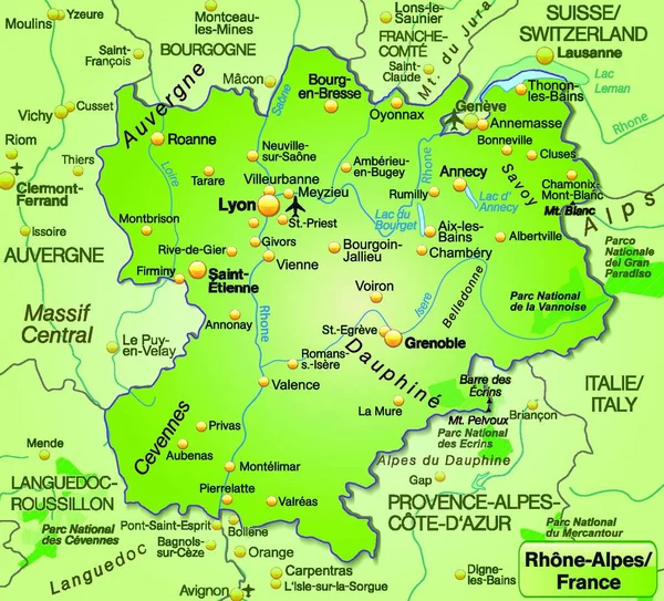 Rhone Alpes Francji Jako Mapa Środowiskowa Wszystkimi Ważnymi Informacjami Topograficznymi — Wektor stockowy