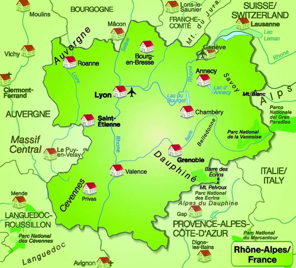 Rhone Alpes Frankrijk Als Milieukaart Met Alle Belangrijke Topografische Informatie — Stockvector