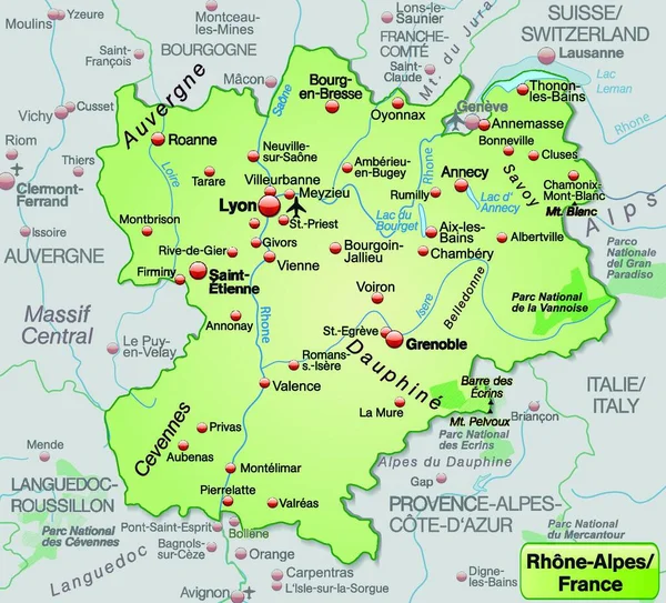 Rhone Alpes Frankreich Als Umweltkarte Mit Allen Wichtigen Topografischen Informationen — Stockvektor