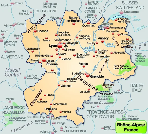 Rhone Alpes Francia Como Mapa Medioambiental Con Toda Información Topográfica — Vector de stock