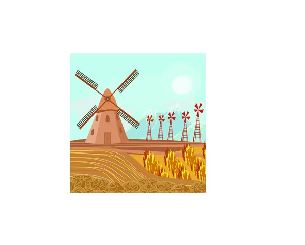 Malerischer Blick Auf Die Landschaft Mit Windmühlenbau — Stockvektor