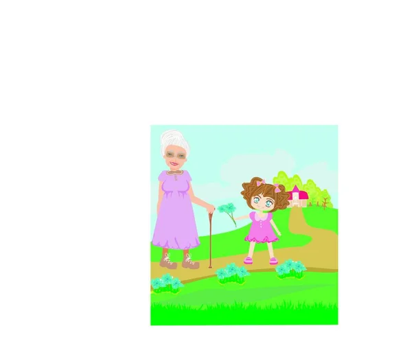 Mała Dziewczynka Daje Kwiaty Babci — Wektor stockowy