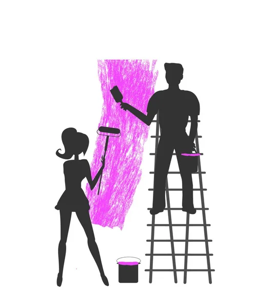 Silhouettes Two People Painting Blank Wall — стоковый вектор