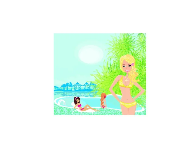 女孩和热带游泳池 — 图库矢量图片