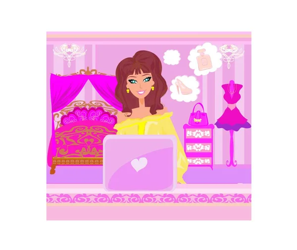 Çevrimiçi Alışveriş Dizüstü Bilgisayarlı Gülümseyen Genç Kadın — Stok Vektör