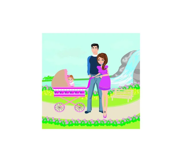 Pareja Caminando Con Hija — Vector de stock