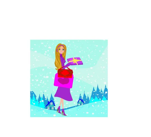 Karta Piękną Kobietą Robi Zakupy Zimie — Wektor stockowy