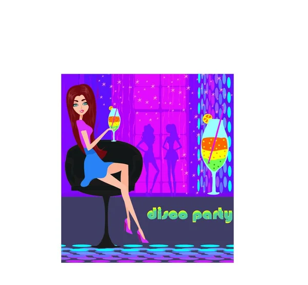 Hermosa Chica Disco Con Bebida — Vector de stock