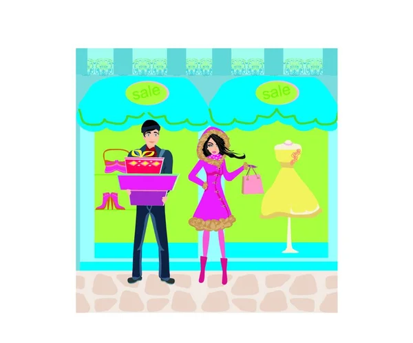 Couple Shopping Ventes Hiver — Image vectorielle