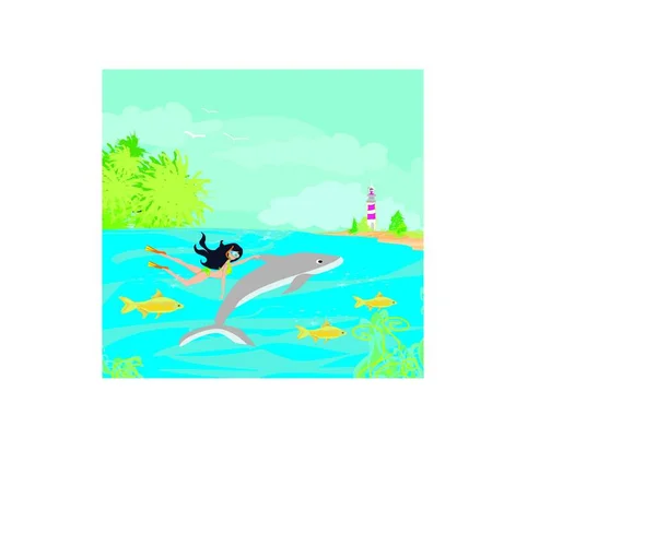少女ダイバーはイルカと一緒に浮かぶ — ストックベクタ