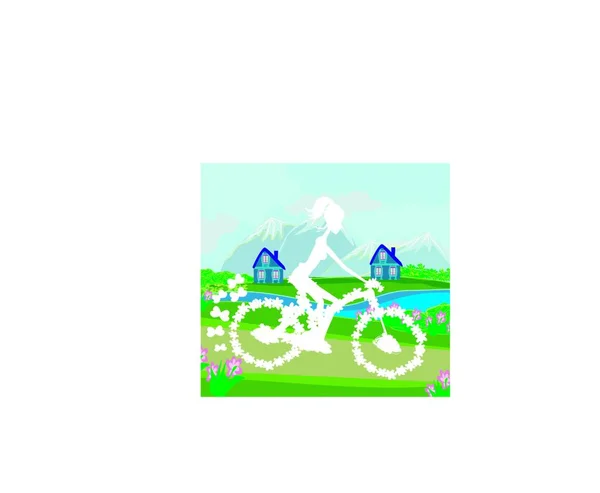 带女孩骑自行车的抽象卡 — 图库矢量图片