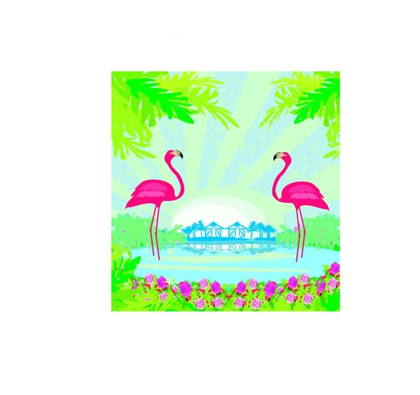 Illust Com Palmas Verdes Flamingo Rosa —  Vetores de Stock