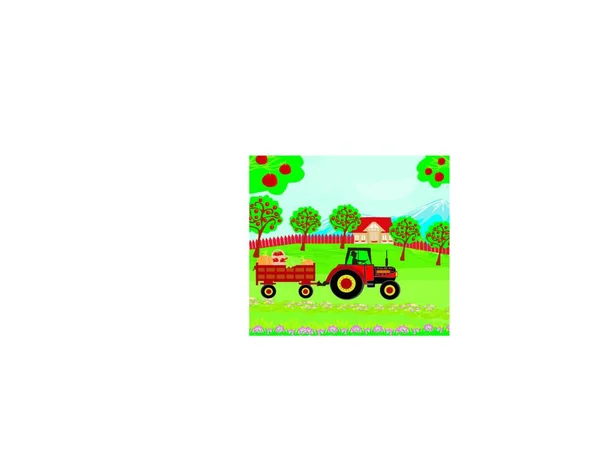 Paisaje Con Manzanos Hombre Conduciendo Tractor Con Remolque Lleno Verduras — Vector de stock