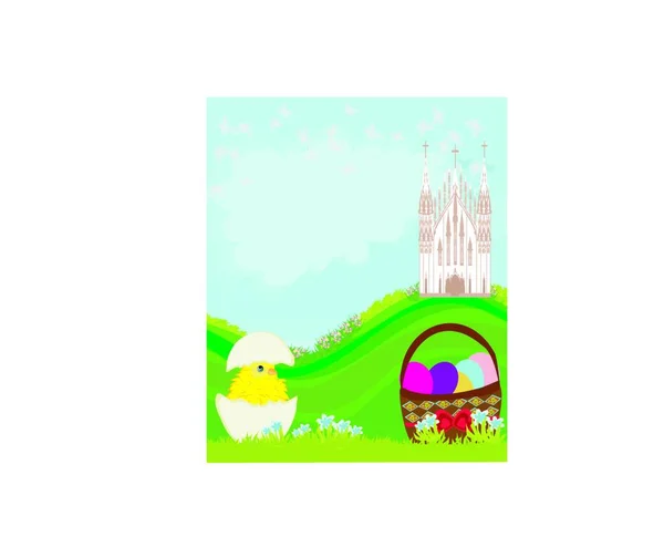 Paisaje Pascua Con Huevos Flores Mariposas Iglesia — Vector de stock