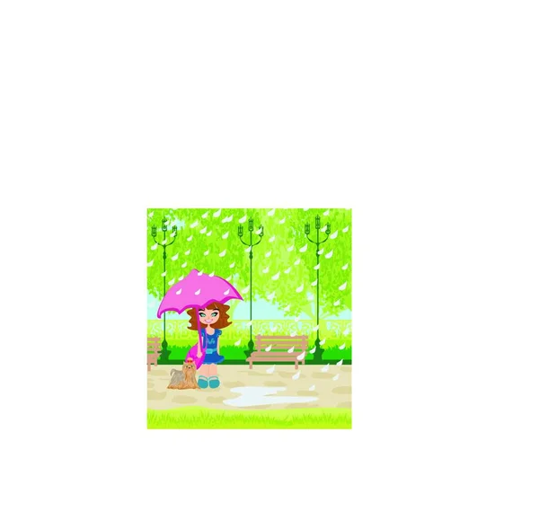 Chica Caminando Perro Lluvia — Vector de stock