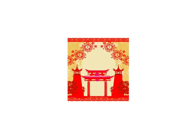 Абстрактная Карточка Азиатскими Зданиями Винтажная Рамка — стоковый вектор