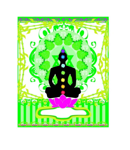 Yoga Lotus Pose Padmasana Mit Chakra Punkten — Stockvektor
