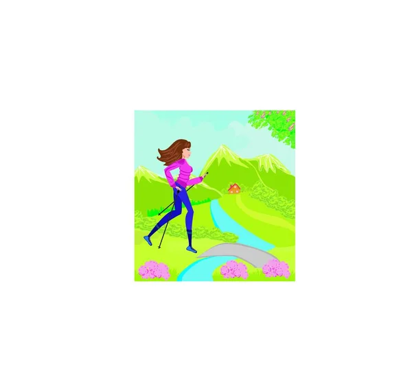 Nordic Walking Mujer Activa Haciendo Ejercicio Aire Libre — Vector de stock