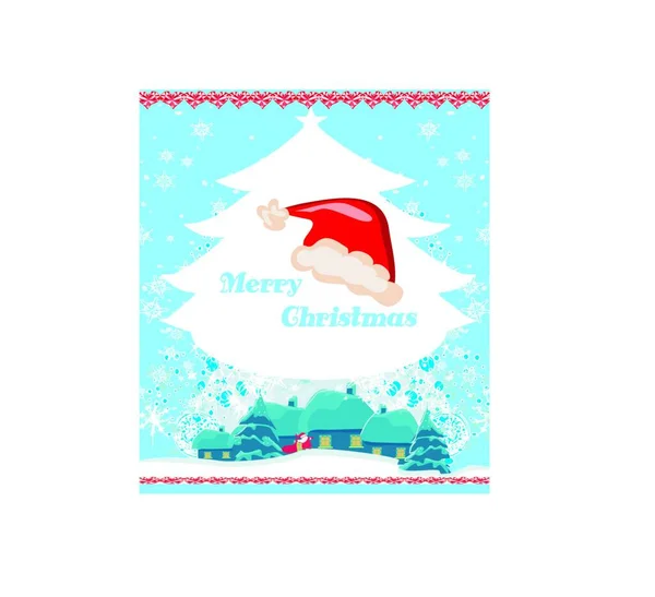 クリスマスと新年の挨拶カード ギフトバッグとクリスマスツリーフレームを持つサンタクロース — ストックベクタ