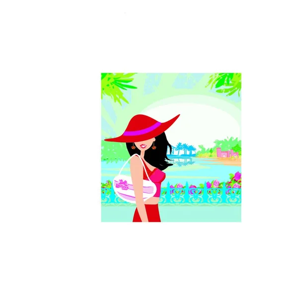 Elegant Woman Tropical Vacation — Stock Vector