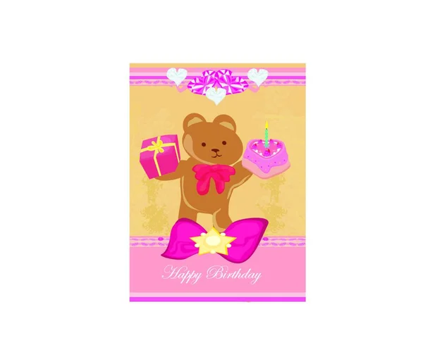 Tarjeta Cumpleaños Dulce Osito Peluche Sosteniendo Pastel Cumpleaños — Vector de stock