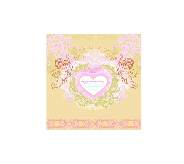 Happy Valentines Day Vintage Card Cupids Vintage Frame — Stock Vector