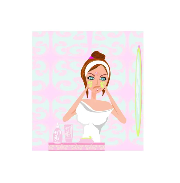 Lány Egy Rózsaszín Fürdőköpenyben Egy Fogkefével — Stock Vector