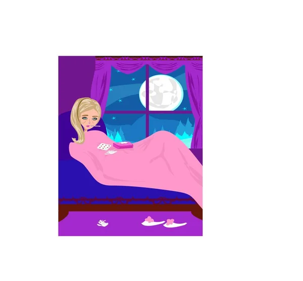 Больная Девушка Лежит Постели — стоковый вектор