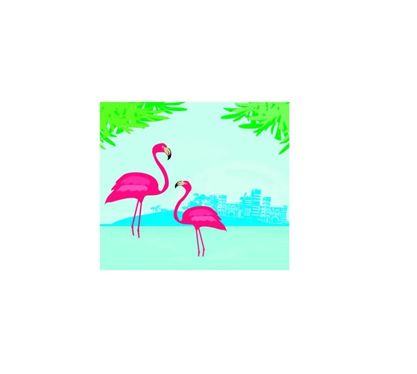 Illust Com Palmas Verdes Flamingo Rosa —  Vetores de Stock