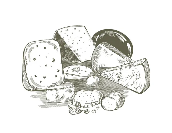 创意概念向量 素描手绘不同种类的奶酪葡萄酒香料蔬菜插图 线条艺术 — 图库矢量图片