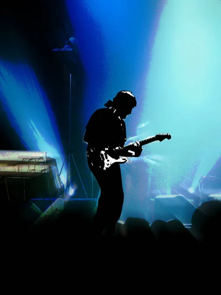 Silhouet Van Een Gitarist Met Elektrische Gitaar — Stockfoto