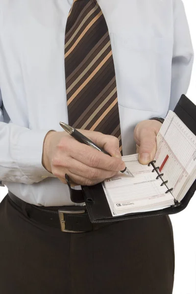 Homem Negócios Escrevendo Notas Diário Close — Fotografia de Stock