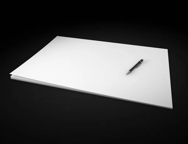 Blanco Witte Papieren Notitie Met Pen Zwarte Achtergrond — Stockfoto