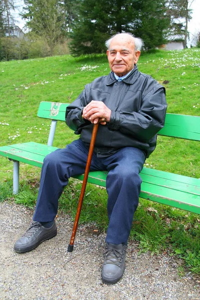 Сміється Старший Park Bench — стокове фото