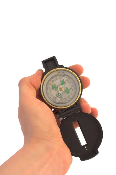 Hand Hålla Kompass Isolerad Vit Bakgrund — Stockfoto