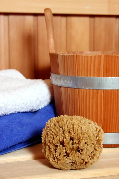 Pile Serviettes Bain Dans Sauna — Photo