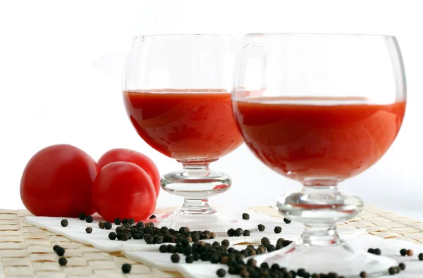 Two Glasses Tomato Juice Served Napkins Prepared Pepper — Stock Photo, Image