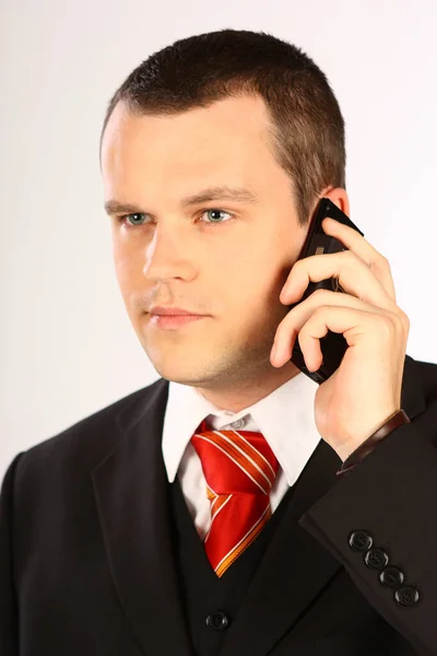 Бизнесмен Черном Костюме Телефону — стоковое фото