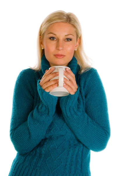 Young Woman Blue Sweater Cup Coffee — Stock Photo, Image