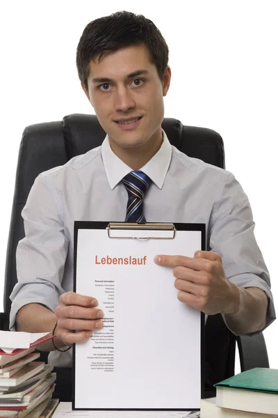 Zakenman Met Een Stapel Papier Met Een Klembord — Stockfoto