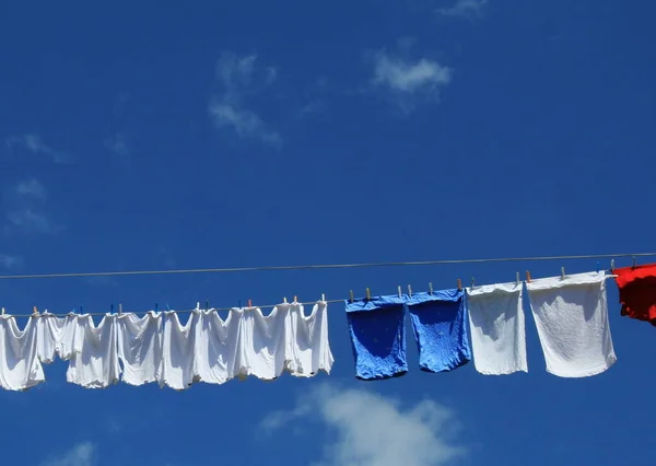 Laundry Drying Clothesline Blue Sky — Stock Photo, Image