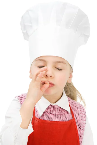 Little Girl Cook Chef Hat Uniform Spoon Her Face — Stock Photo, Image