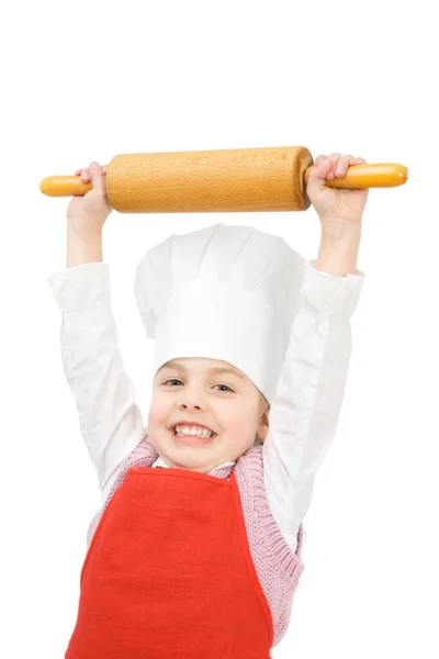 Little Boy Hat Rolling Pin White Background — Stock Photo, Image