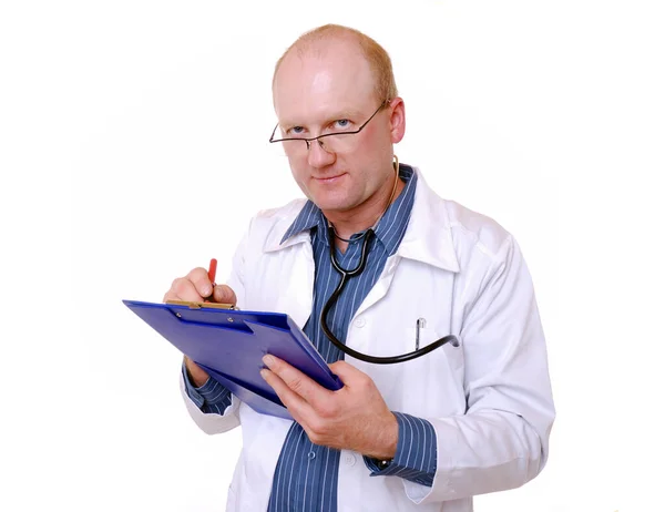Läkare Med Urklipp Och Stetoskop Isolerad Vit — Stockfoto