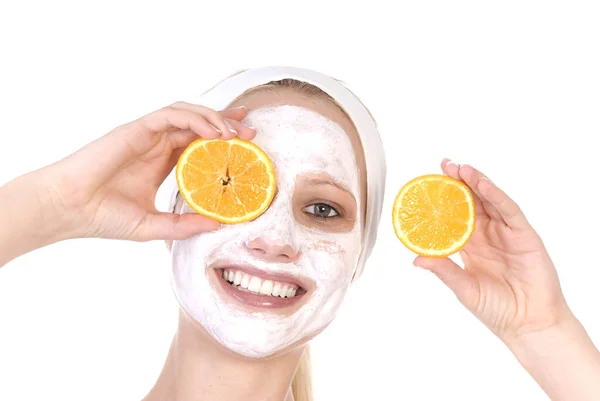 Wanita Muda Dengan Masker Oranye Wajahnya — Stok Foto