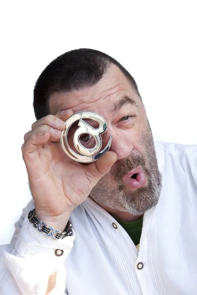 Homem Com Binóculos Isolados Branco — Fotografia de Stock