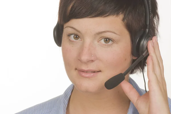 Kobieta Słuchawkami Call Center — Zdjęcie stockowe
